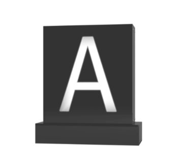 Technical drawing of the product Neon in an acrylic box with the letter "A".